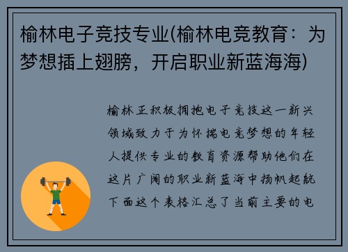 榆林电子竞技专业(榆林电竞教育：为梦想插上翅膀，开启职业新蓝海海)